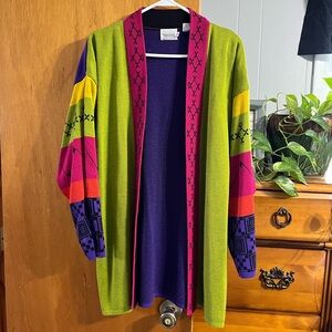 Vintage Leslie Fay Geometric Green and Purple Color Block Size Medium Cardigan